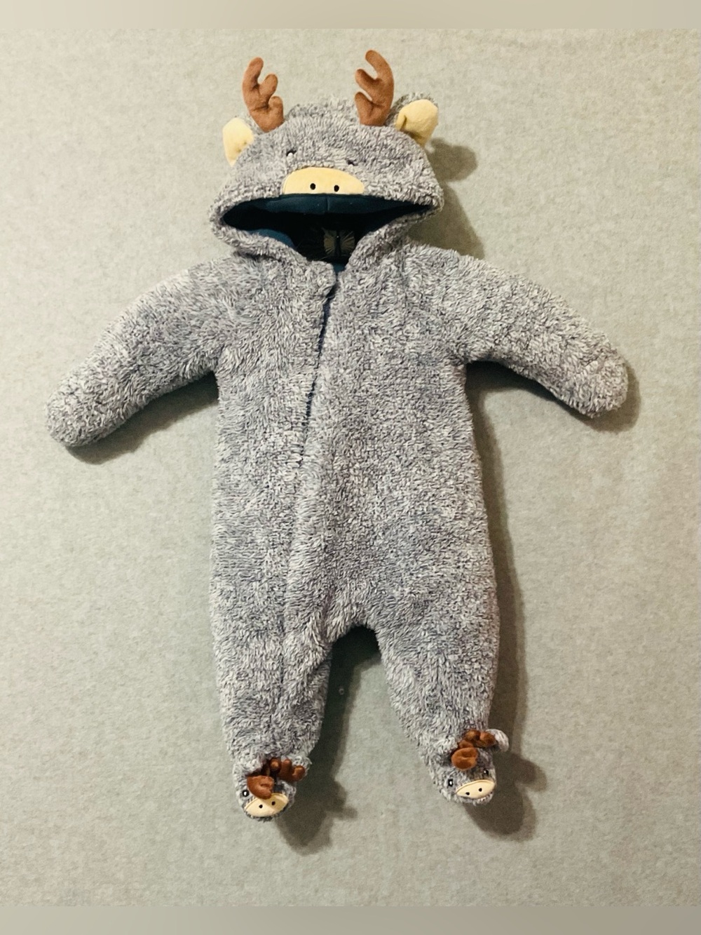Koalababy Heather Blue Plush Hooded Onesie with Antler Accents Sz 3-6 Months